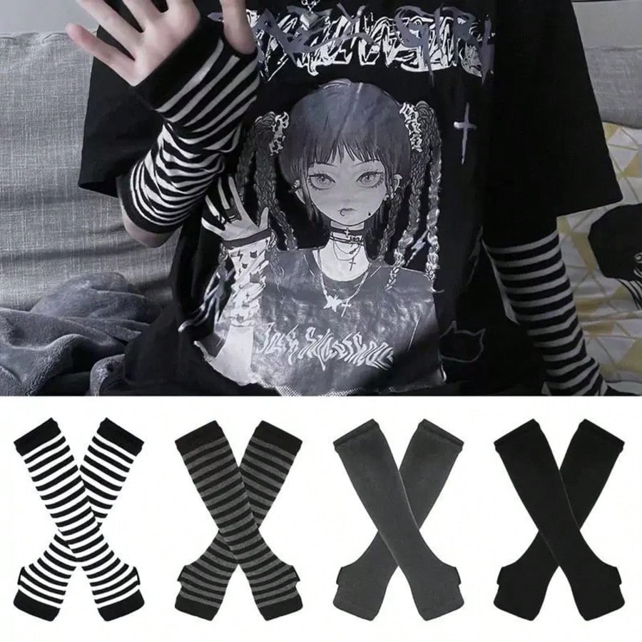 1 Pair Y2K Punk Striped Knitte - Fingerless Glove Knit recension och pris